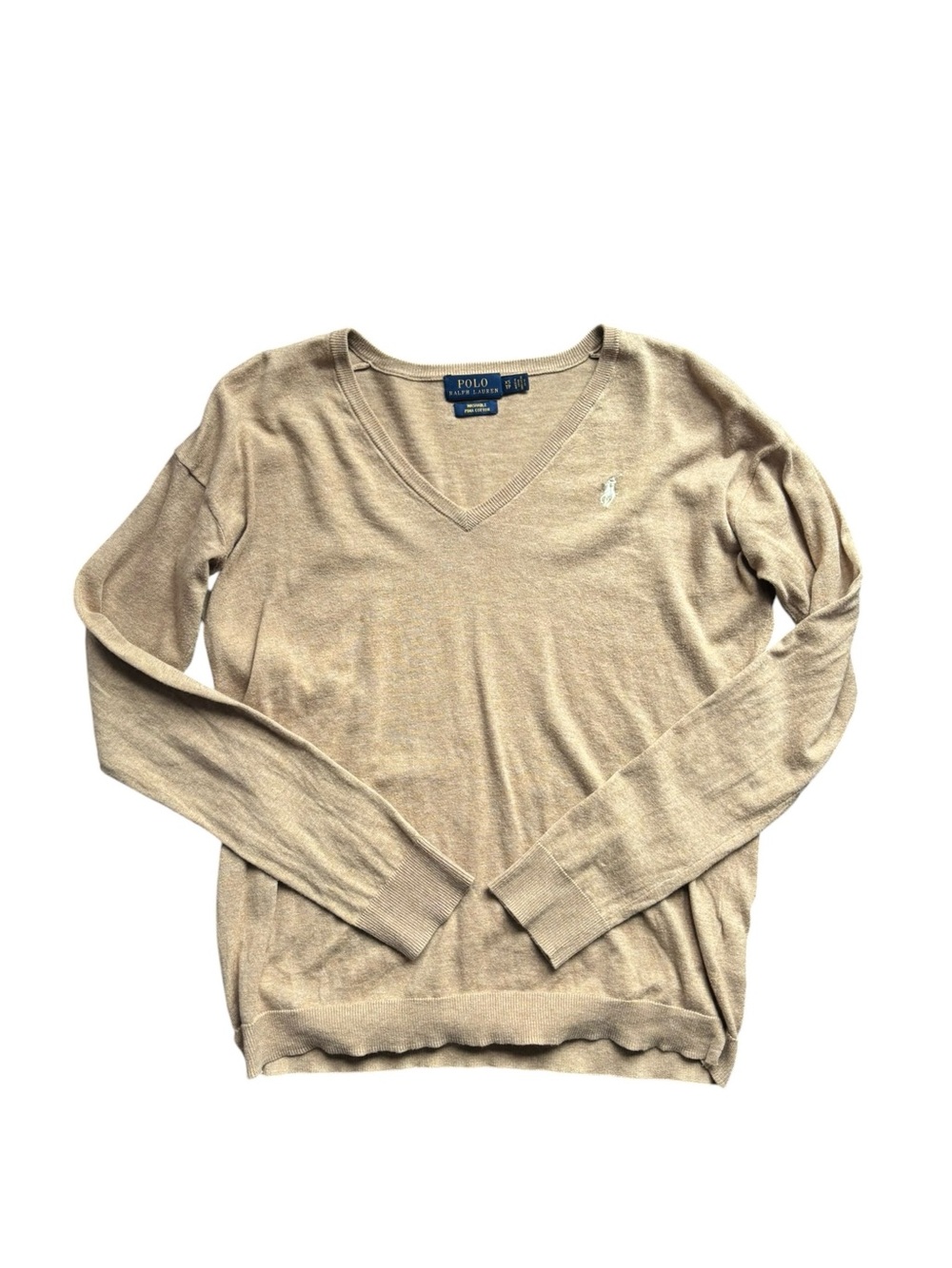 Ralph Lauren Beige V-Neck Pima Cotton Sweater